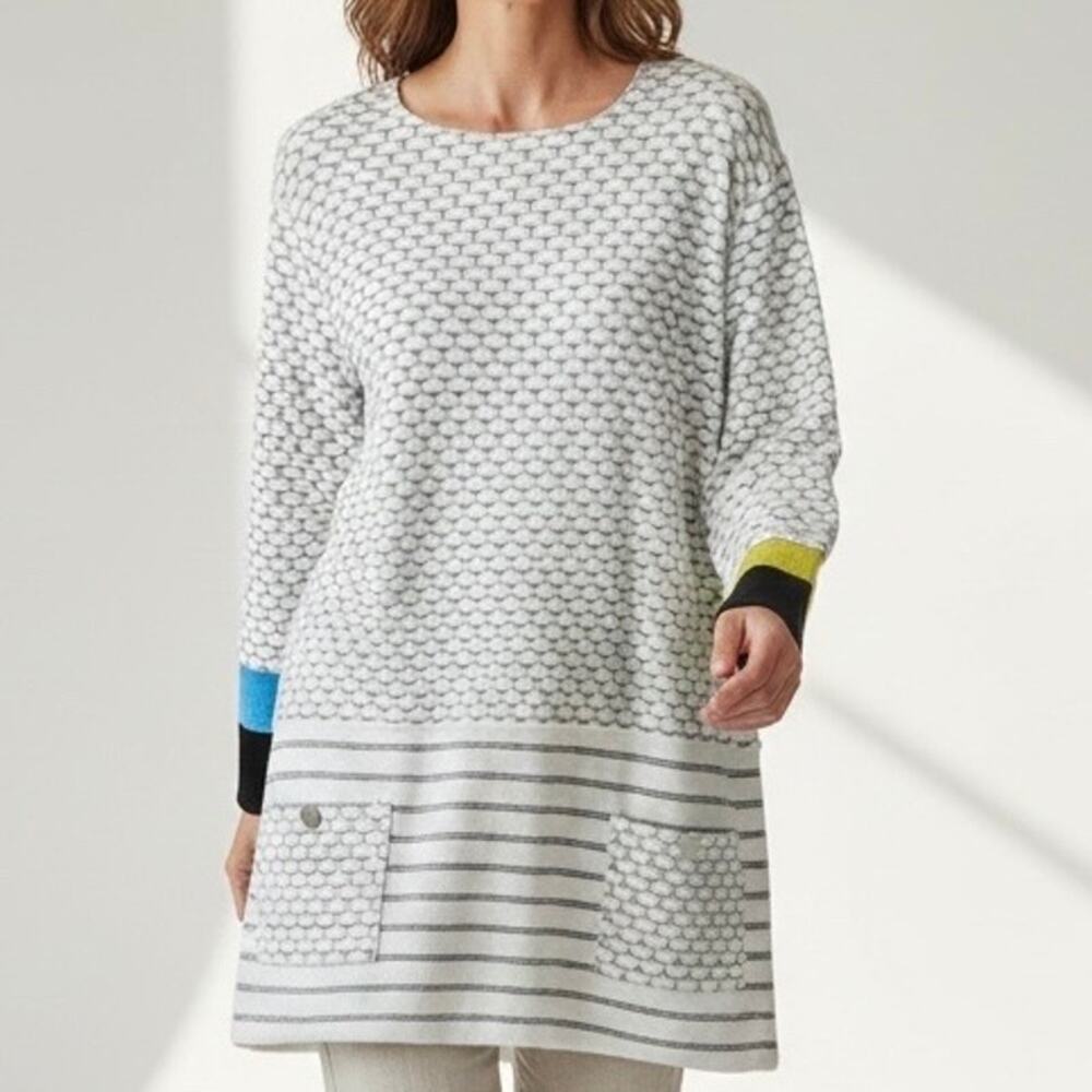 Margaret Winters M Textured Tunic White Colorful Cuffs Art to Wear Lagenlook NWT